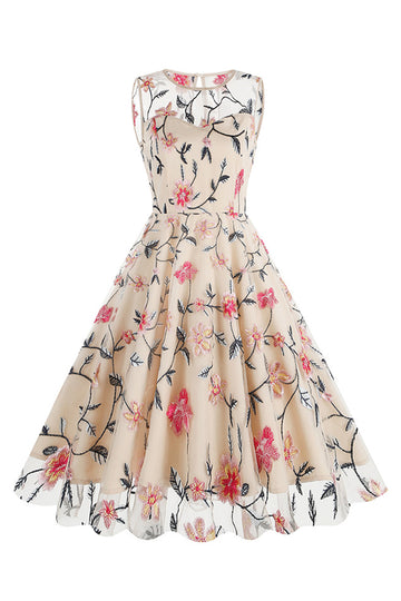 Elegante vestido midi sin mangas bordado floral color albaricoque